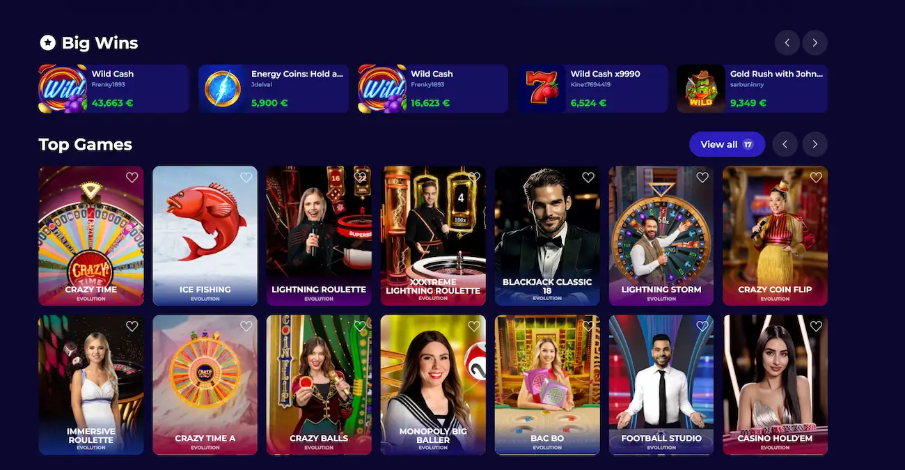 Live casino lobby at Morospin with Evolution Gaming dealer tables and big win tickers